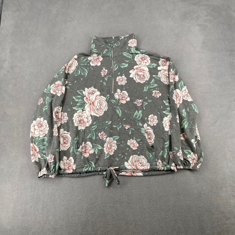 Maurices Womens Floral Quarter Zip Sweatshirt Gray Pink Rose Pullover Medium